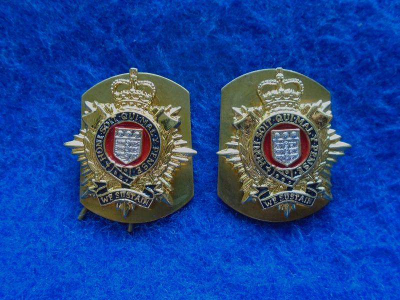 PAIR ROYAL LOGISTICS CORPS OFFICERS SILVER GILT & ENAMEL COLLAR BADGES + PLATES