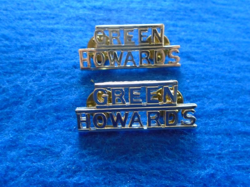 PAIR GREEN HOWARDS ANODISED STAYBRITE GOLD SHOULDER TITLES, CLUTCH PIN FIXINGS