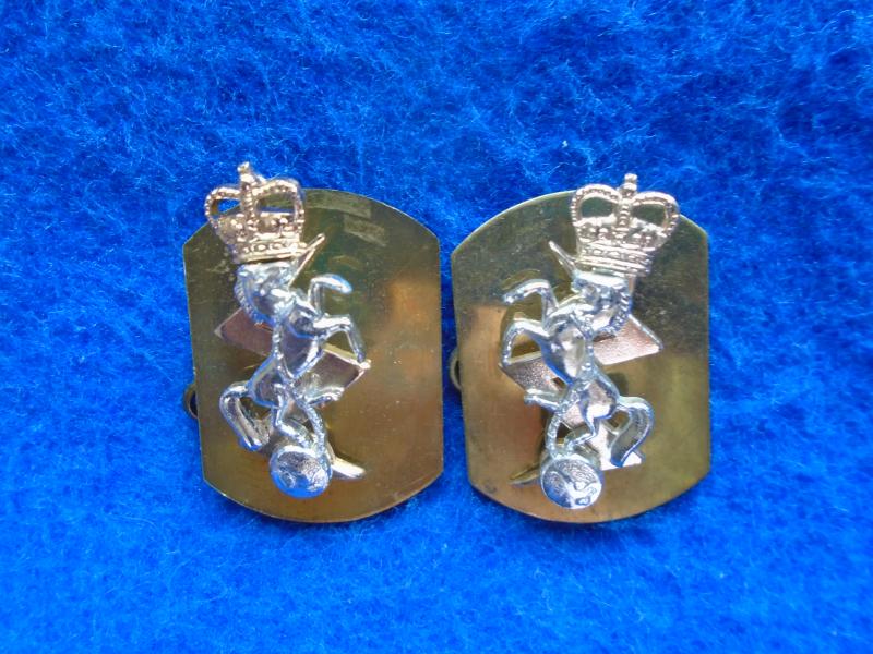 PAIR ROYAL ELECTRICAL & MECHANICAL ENGINEERS TWO PART ANODISED STAYBRITE COLLAR BADGES, QC