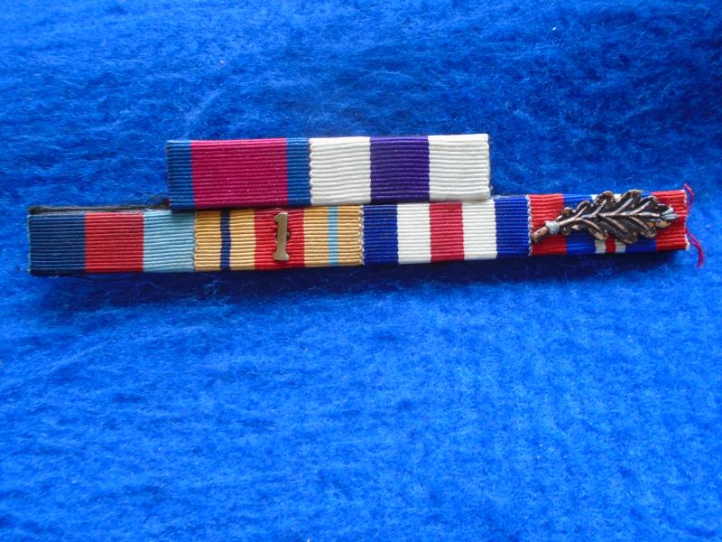 MILITARY SEW ON OR ATTACH TO BAR, MEDAL RIBBON BAR, DISTINGUISHED SERVICE ORDER/MILITARY CROSS/1939-45 STAR/AFRICA STAR + METAL 1 (FIRST ARMY)/FRANCE & GERMANY STAR/WAR MEDAL 1939-45 + OAK LEAF MENTIONED IN DESPATCHES