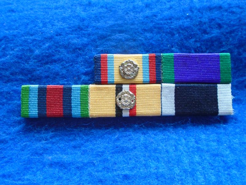 MILITARY SEW ON OR ATTACH TO BAR, MEDAL RIBBON BAR, GULF MEDAL + ROSETTE/GENERAL SERVICE/OPERATIONAL SERVICE MEDAL (SIERRA LEONE)/IRAQ MEDAL + ROSETTE/ROYAL NAVY LONG SERVICE & GOOD CONDUCT